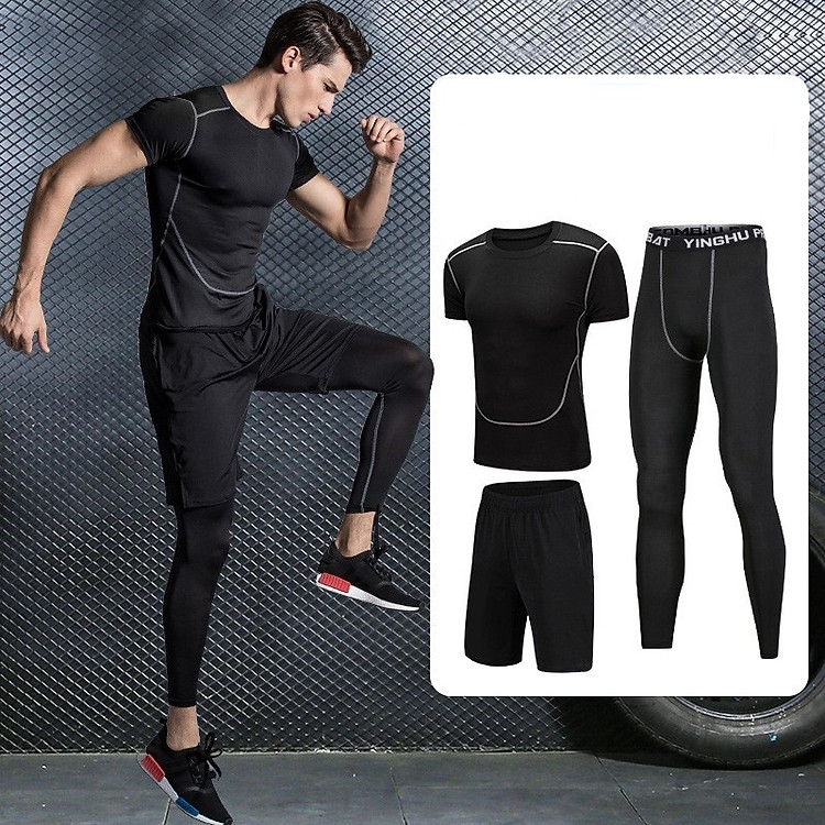 Set 3 in 1 Quần áo gym nam, Quần áo legging nam, Quần áo gym giữ nhiệt nam - Thích hợp tập gym, đá bóng, chạy bộ, bóng rổ hoặc giữ ấm cơ thể - Quần áo tập gym nam chất liệu thun lạnh cao cấp ôm body (SP001)