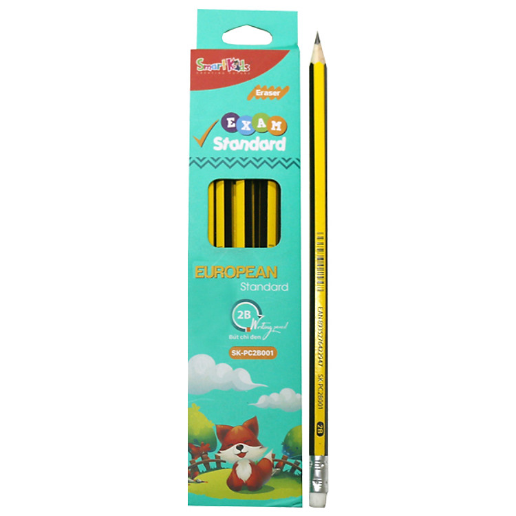Hộp 12 Bút Chì Đen SMARTKIDS Exam Standard Có Gôm 2B SK-PC2B001 - Xanh Dương (21.2 x 4.6 x 1.5 cm)