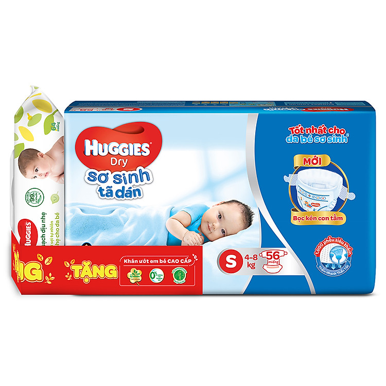 Tã Dán Sơ Sinh Huggies Dry Newborn S56 (56 Miếng) - Tặng Kèm Khăn ướt Huggies