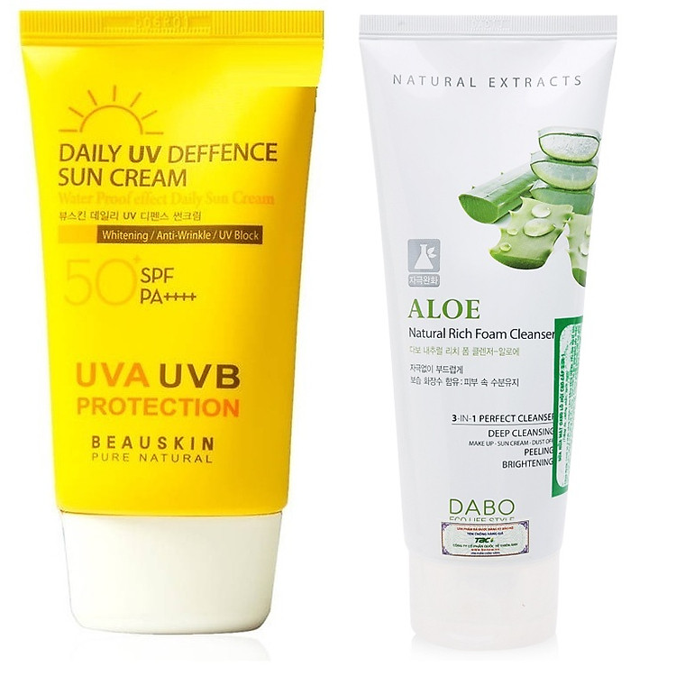 Combo 1 kem chống nắng Beauskin hàn quốc ( 50g) + 1 sữa rửa mặt lô hội Dabo 3in1 (60ml)