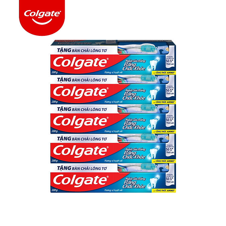 Bộ 5 Kem đánh răng Colgate ngừa sâu răng vượt trội công thức cải tiến hương vị tuyệt vời 200g/tuýp tặng bàn chải đánh răng