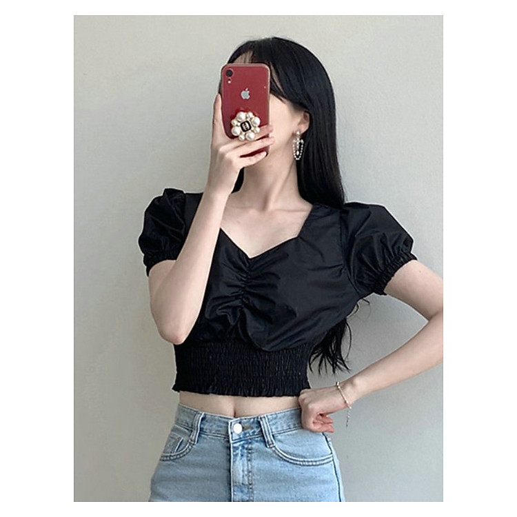 Áo croptop nữ tay bồng, chun eo, vải cao cấp không nhăn, thấm hút mồ hôi thoáng mát thích hợp ngày hè