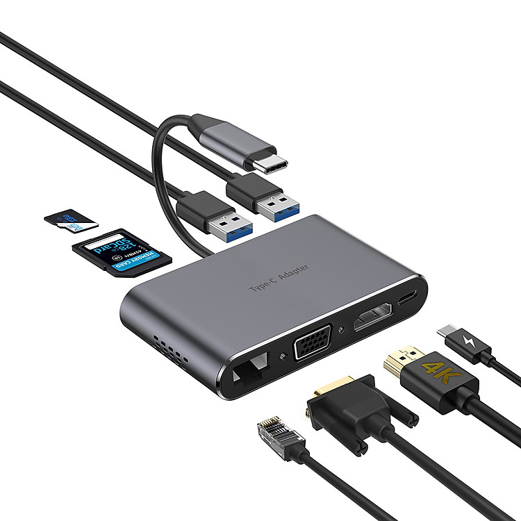 Hub USB Type-C 8 Cổng HDMI 4K/VGA/USB 3.0/SD/TF/LAN RJ45/Type-C ICORE HYD-9842T - Hàng Chính Hãng