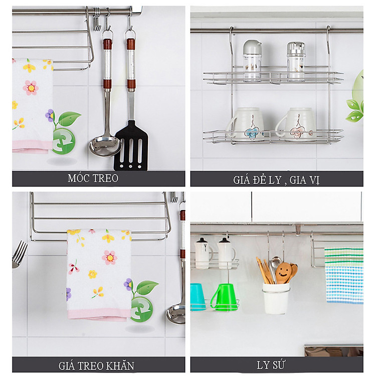 Kệ treo tường đa năng nhà bếp gồm 3 giá treo khăn, móc treo, kệ gia vị