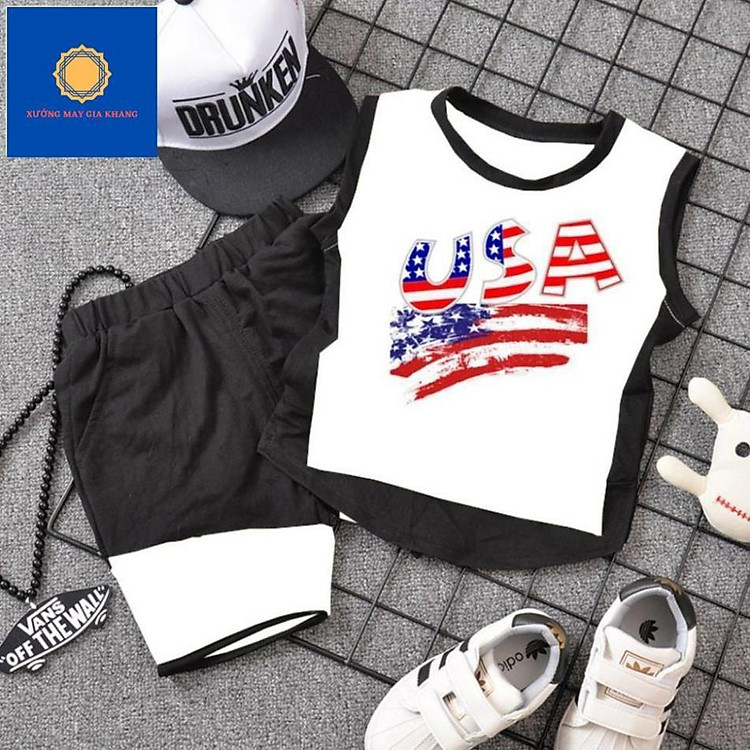 Đồ bộ bé trai, bé gái, sát nách mát mẻ, may phối màu, xẻ tà, hình in đẹp - Gia Khang