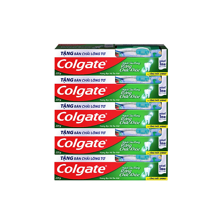 Bộ 5 kem đánh răng Colgate ngừa sâu răng răng chắc khỏe 225g/tuýp tặng bàn chải đánh răng lông tơ nhập khẩu Thái Lan