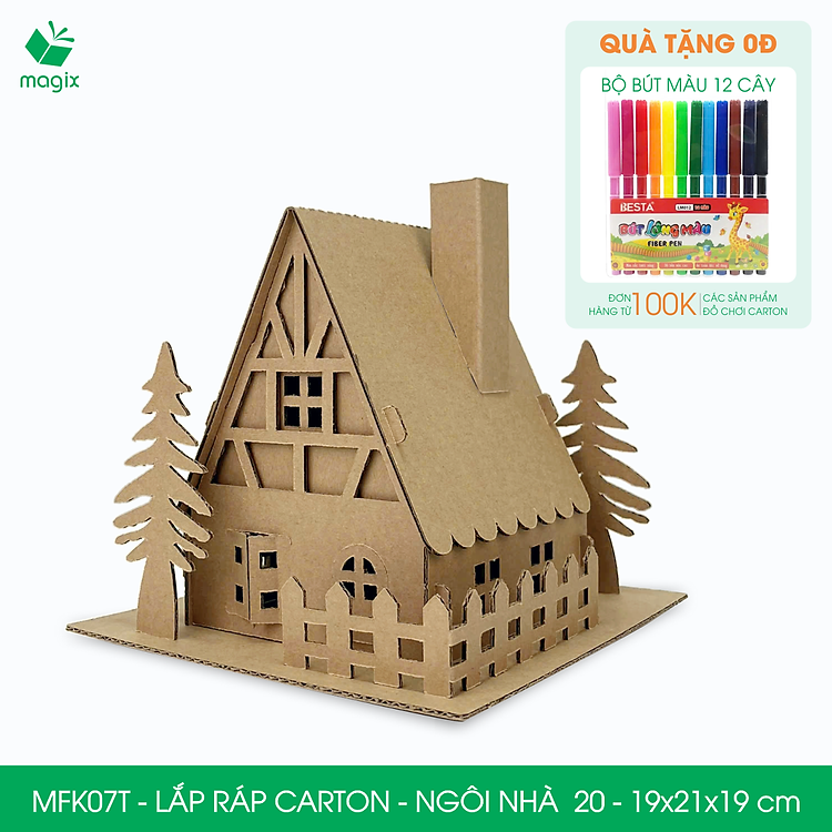 MFK07T - 19x21x19 cm - Mô hình ngôi nhà lắp ráp từ bìa carton cao cấp, nhà giấy carton mini sáng tạo