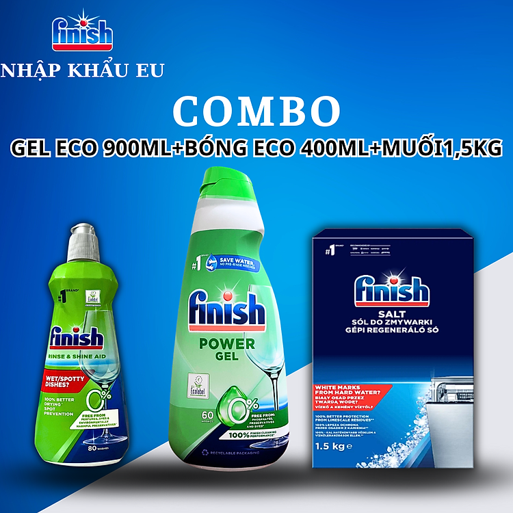 Combo Nước rửa bát Hữu cơ cho máy 900ml + Muối rửa bát Finish 1.5kg + Nước làm bóng finish 1150ml