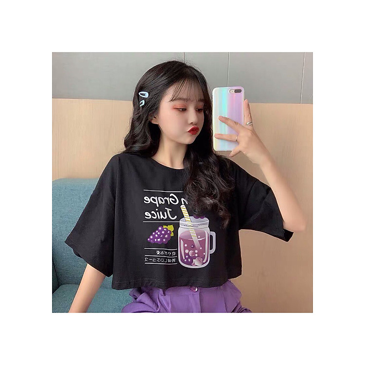 Áo croptop tay lỡ họa tiết trái nho cute xinh xắn