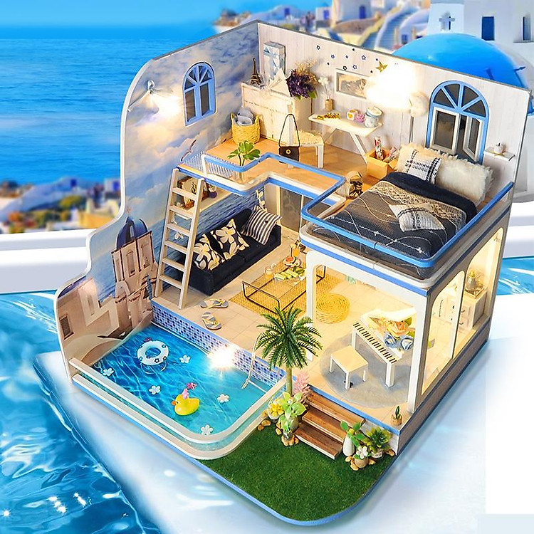 Nhà Búp Bê Kỉ niệm xanh Tặng kèm keo dán,dụng cụ lắp ghép, mica