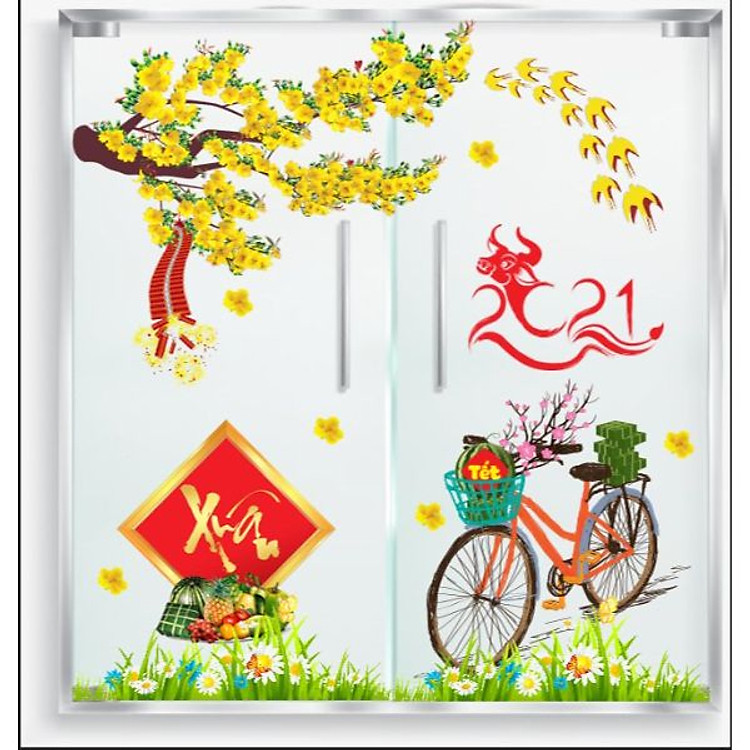 Decal trang trí tết cành mai vàng - cò sẵn keo PK623