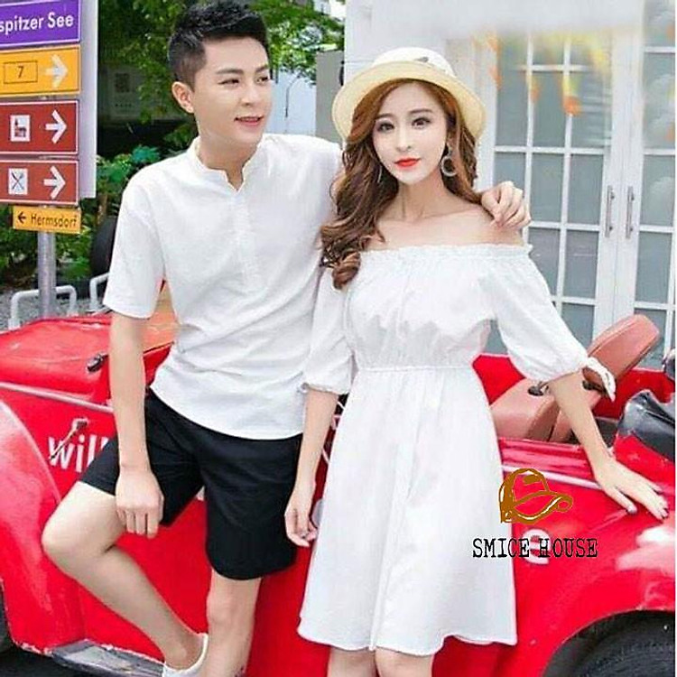 SET ĐỒ ĐÔI NAM NỮ, ÁO CẶP ÁO SƠ MI ĐẦM TRỄ VAI MÀU TRẮNG DỄ THƯƠNG