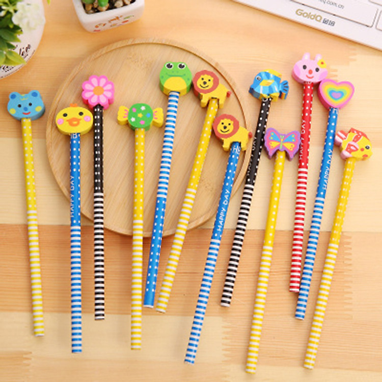 Combo 5 Bút chì gỗ kèm tẩy HappyDay hình thú dễ thương - Giao mẫu ngẫu nhiên