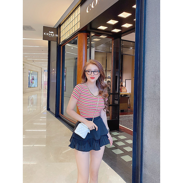 Áo croptop cổ tim kẻ sọc - THỎ TÂY