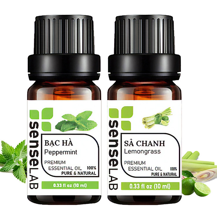 Combo 2 Tinh dầu (Sả chanh 10ml+ Bạc hà 10ml) SENSELAB - Tinh dầu thiên nhiên - Nhập khẩu từ Ấn Độ