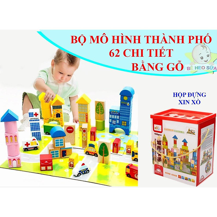 Đồ chơi xếp hình thành phố gỗ 62 chi tiết Chính hãng Tiết kiệm