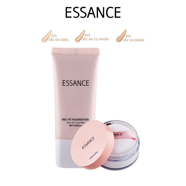 Bộ Kem nền bền màu che khuyết điểm Essance Veil Fit Foundation SPF25 PA++ No 25 và Phấn phủ kiềm dầu dạng bột Setting Powder