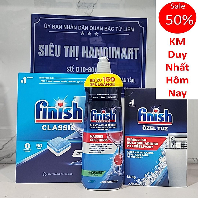 Combo viên rửa bát finish 90 viên + nước làm bóng finish 750ml + muối rửa chén finish 1,5kg