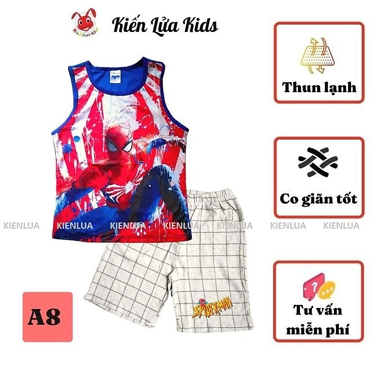 Đồ bộ bé trai siêu nhân nhện từ 23-40kg - Quần áo trẻ em thun 3 lổ, giặt không vở hình