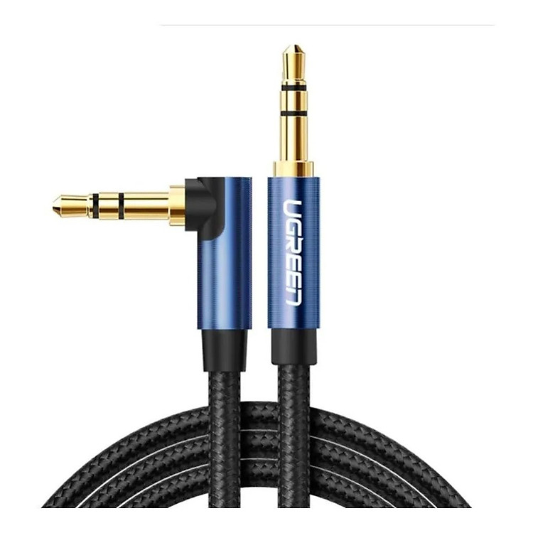 Cáp bẻ góc 90 độ 3.5mm mạ vàng 24K đầu màu xanh bọc kim loại chống nhiễu 2M màu đen Ugreen 112AT60181AV Hàng chính hãng