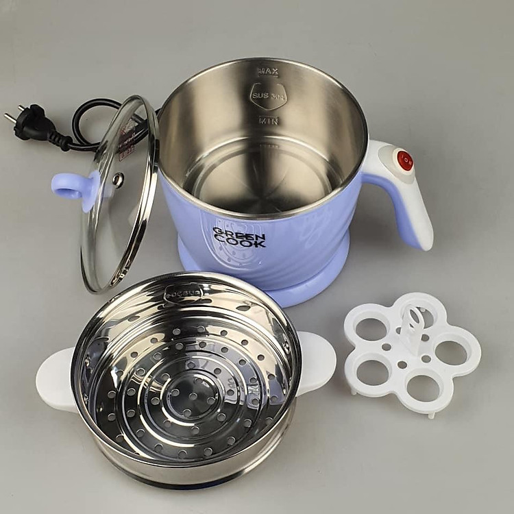 Ca nấu lẩu, nấu mì đa năng mini có tầng hấp ( giao màu ngẫu nhiên) Greencook 600W, dung tích 1.2L-Hàng chính hãng