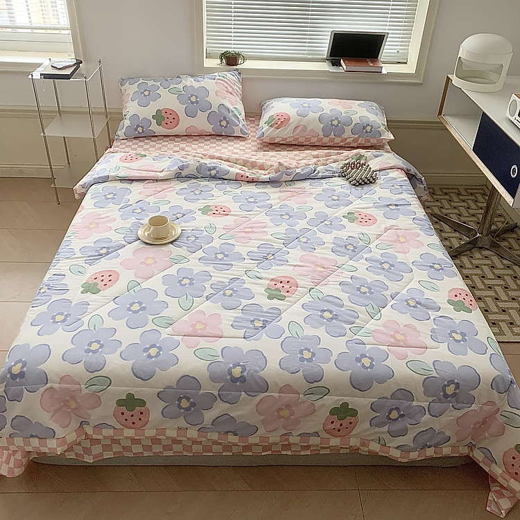 Set ga gối 4 món cotton chăn trần tơ tằm organic LYG tặng thêm 02 ruột gối bông Micro cao cấp