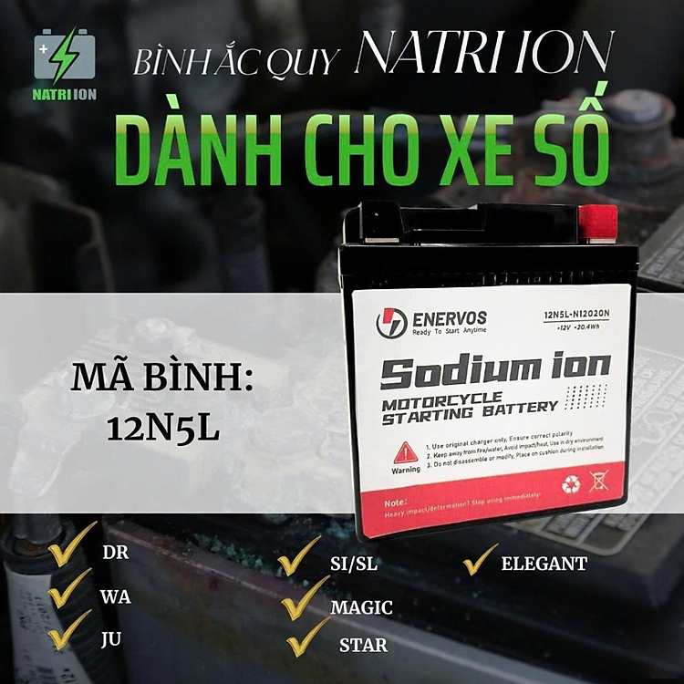 Bình Ắc Quy Xe Máy Natri iOn 12N5L 12V-5Ah, dùng cho Star, Dr, Wa, Magic, Elegant