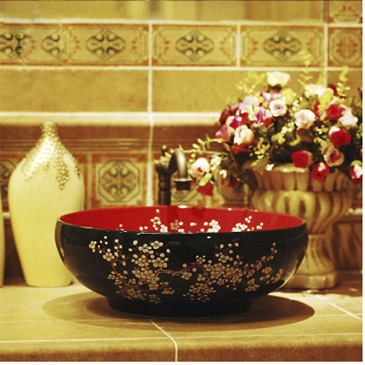 Chậu rửa lavabo gốm sứ nghệ thuật LAV0012 – Họa tiết hoa mai trắng nổi bật