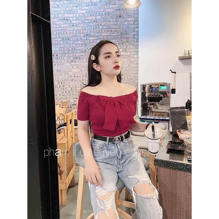 Áo len trễ vai nơ