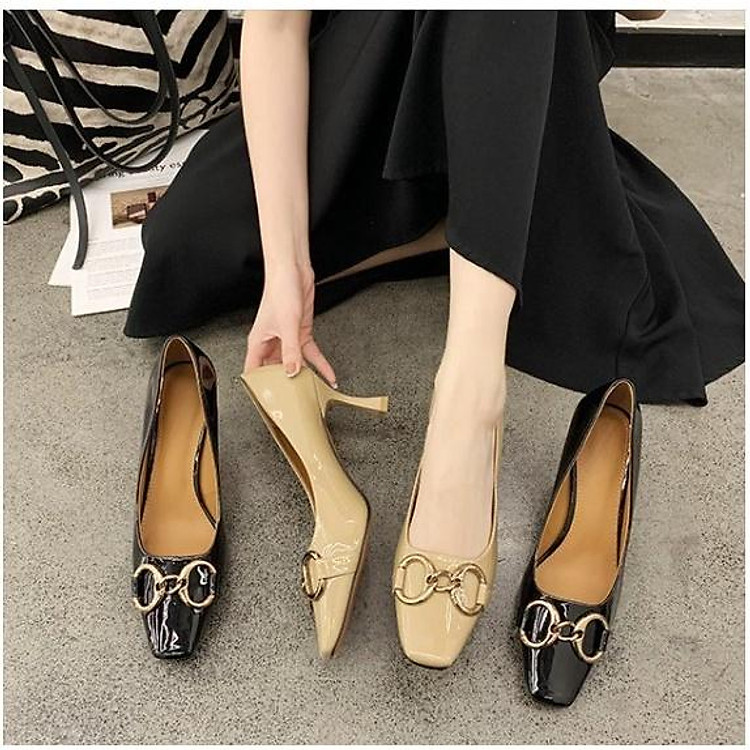 Cao gót da bóng mũi vuông gót nhọn 7cm công sở Ảnh thật video