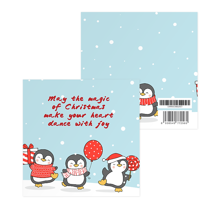 Thiệp giáng sinh noel năm mới, SDstationery Christmas Dance, minh họa chim cánh cụt dễ thương, vuông 12x12 cm