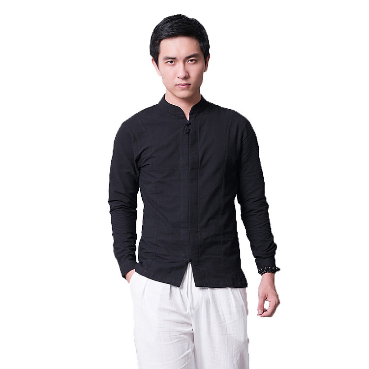 Áo sơ mi nam vải đũi cổ trụ dài tay 2 cúc tết đen Rough