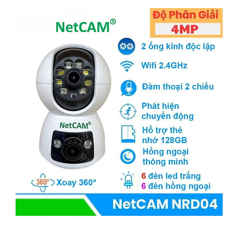 Camera WIFi NetCAM NRD02 4MP Ống Kính Kép (2MP + 2MP), Xoay 360 Độ, Đàm Thoại 2 Chiều, Theo Dõi Chuyển Động - Hàng chính hãng