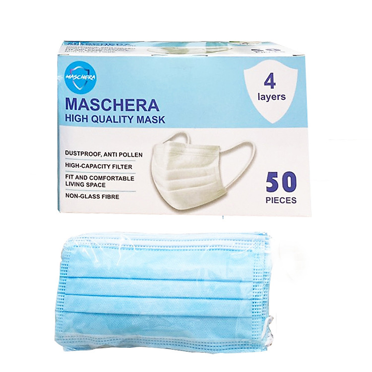 Khẩu trang 4 lớp thường Maschera ( vải không dệt) hộp 50 chiếc - Kháng khuẩn, ngăn khói bụi, ngăn ngừa tia UV