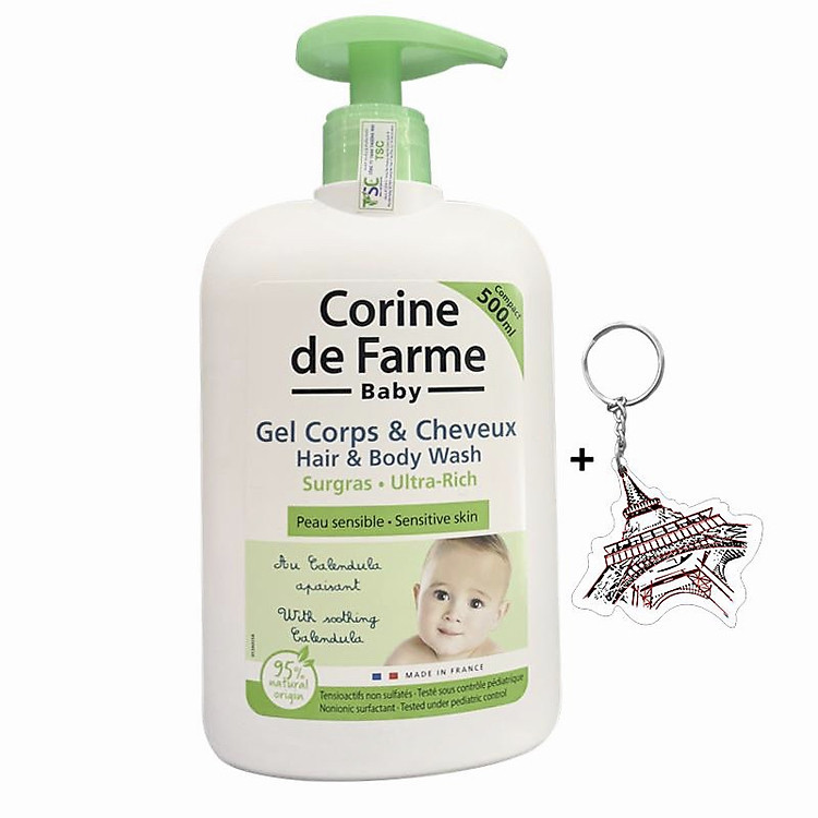Gel Gội Và Tắm Bé Corine de Farme Dành Cho Da Nhạy Cảm 500ml + Tặng Kèm 1 Móc Khóa Hình Tour Eiffel Viền Đỏ