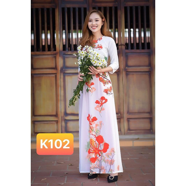 Áo dài Thúy Kiều in 3D lụa Nhật trắng hoa phượng đỏ K102