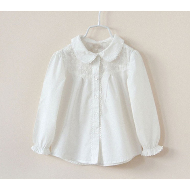 Áo sơmi bé gái màu trắng pha ren, cổ sen TE1979