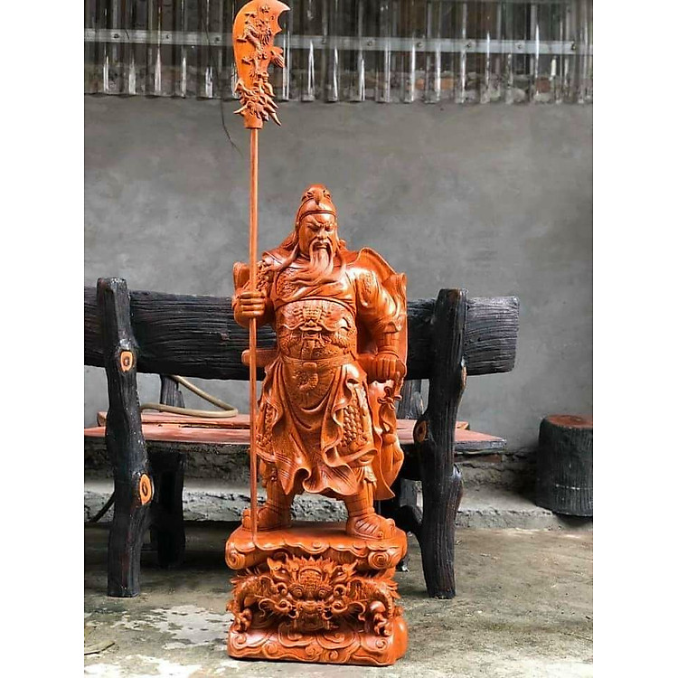 Tượng gỗ Quan Công đứng trên đầu hổ (40×16×11cm)
