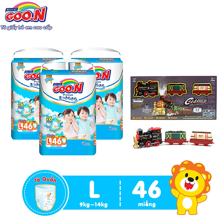 Combo 3 bịch Tã Quần Goo.n Premium Cao Cấp Gói Cực Đại Size L46 (46 Miếng) + Tặng Bộ đồ chơi mô hình đường tàu dùng pin