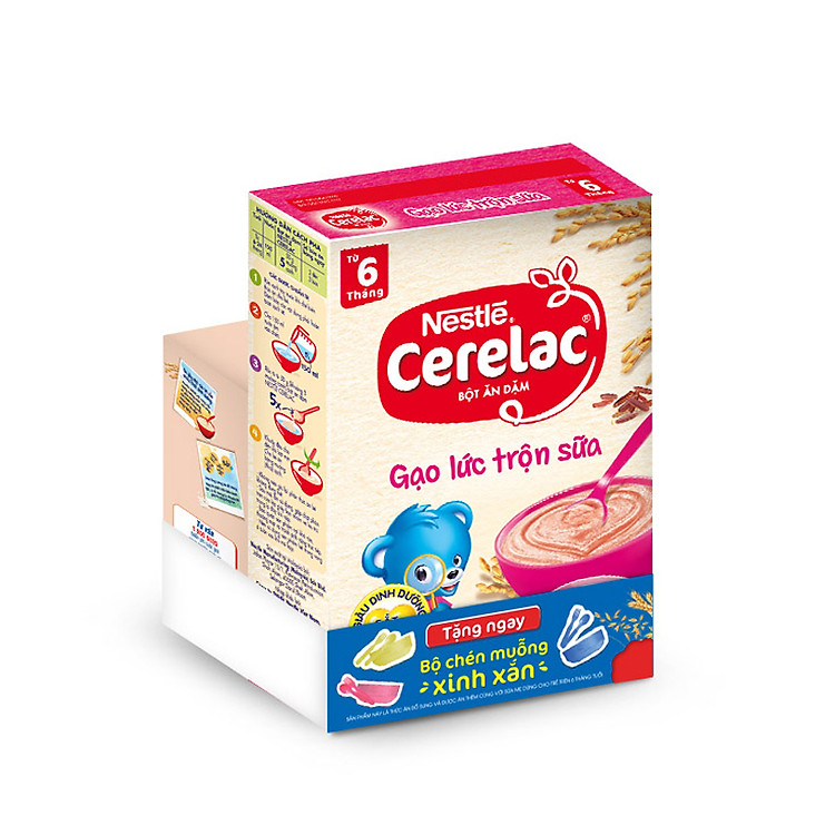 Bột Ăn Dặm Nestle Cerelac - Gạo Lức Trộn Sữa (200g) - Tặng Kèm Bộ Chén Muỗng Ăn Dặm