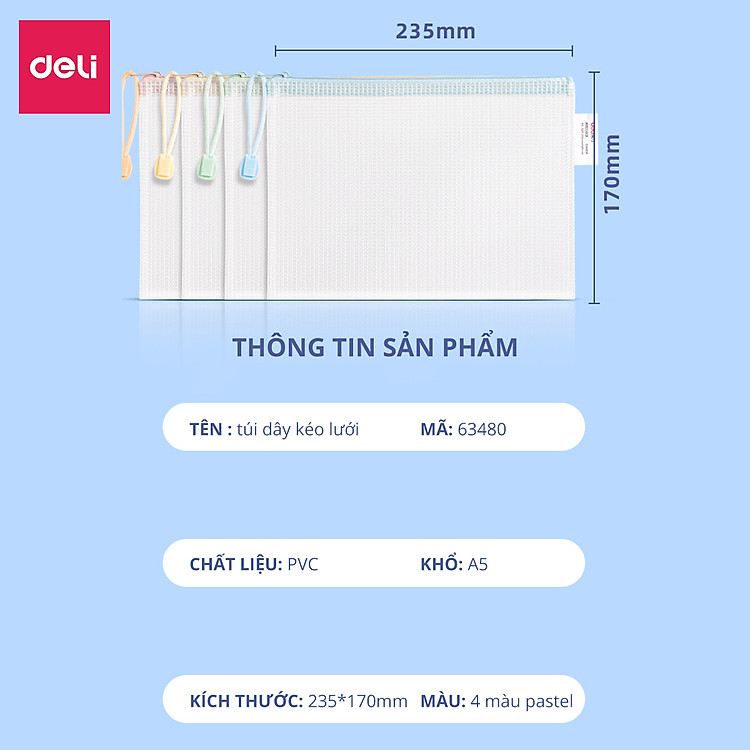 Túi lưới đựng đồ trong suốt đa năng A5 có khóa kéo tiện dụng Deli, Túi đựng Bút Viết, Túi đựng Mỹ Phẩm, Túi đựng Đồ dùng cá nhân đi du lịch - Túi sức chứa lớn, không để lại vết... - Ảnh 10