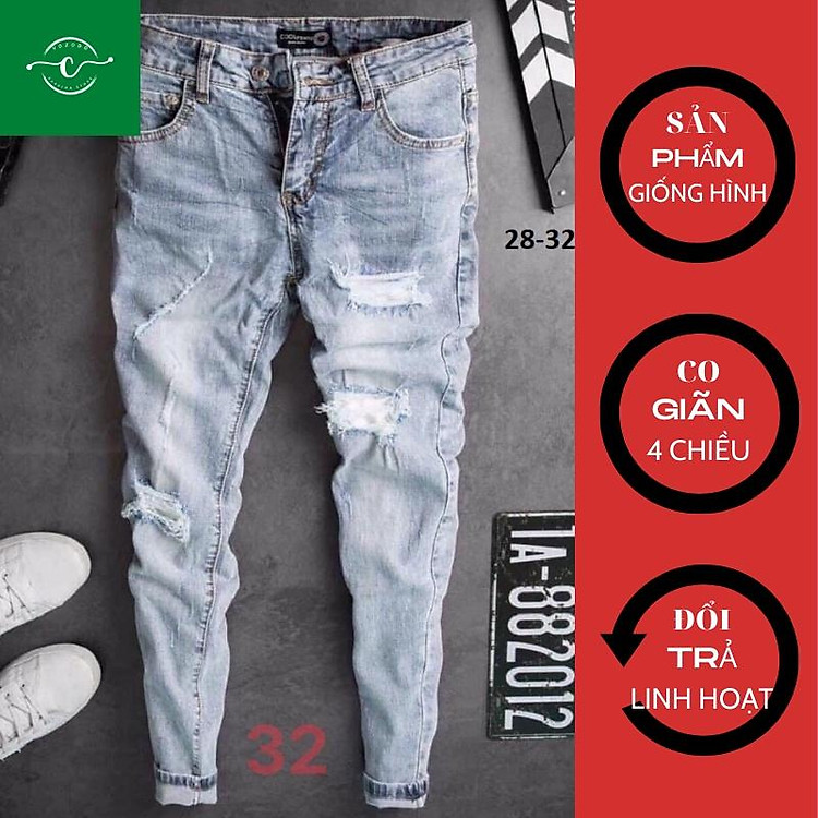 Quần Jean Nam, Xanh Nhạt Rách Gối Cao Cấp, Không Phai Màu Quần Bò VOZODO 32