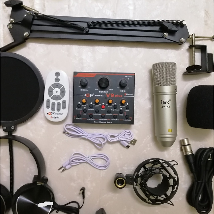 Bộ live stream hát karaoke Sound Card V9 Bluetooth và Mic ISK AT-100 đầy đủ phụ kiện hàng nhập khẩu