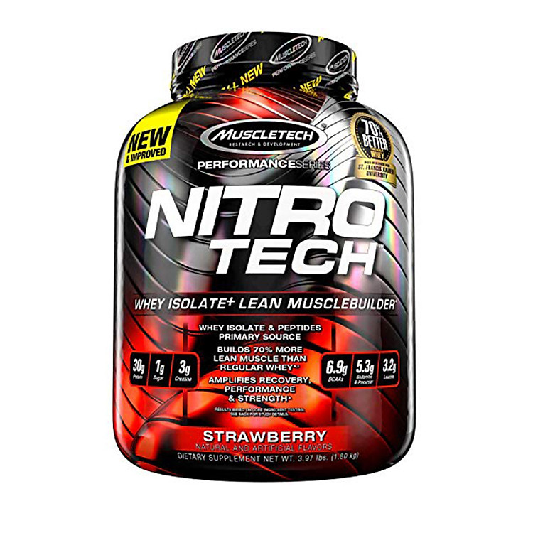 Sữa tăng cơ cao cấp Whey Protein Nitro Tech của MuscleTech hương Strawberry hộp 40 lần dùng - 3.97 LBS