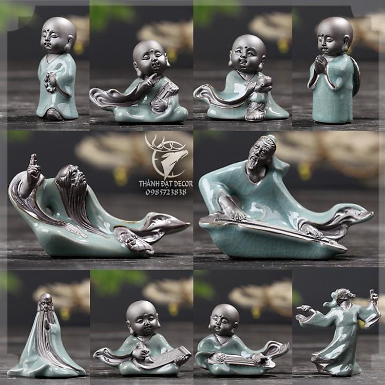 Tượng Gốm Sứ mini Tráng Men Hình Chú Tiểu và Lão Tử Trang Trí Tiểu Cảnh, Cây Bonsai, Cây Cảnh, Hòn Non Bộ, Hồ Thủy Sinh