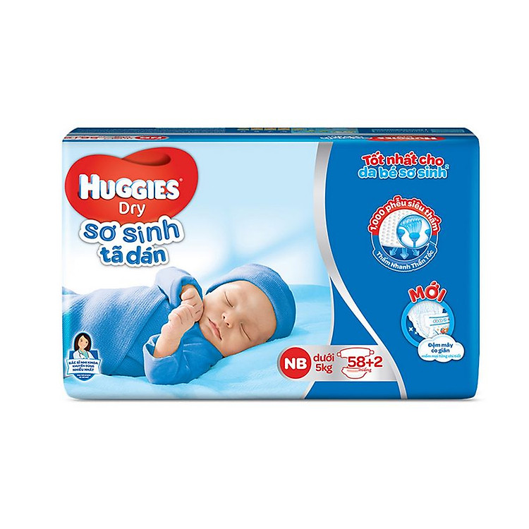 Tã Dán Sơ Sinh Huggies New 58+2 miếng cho bé dưới 5kg