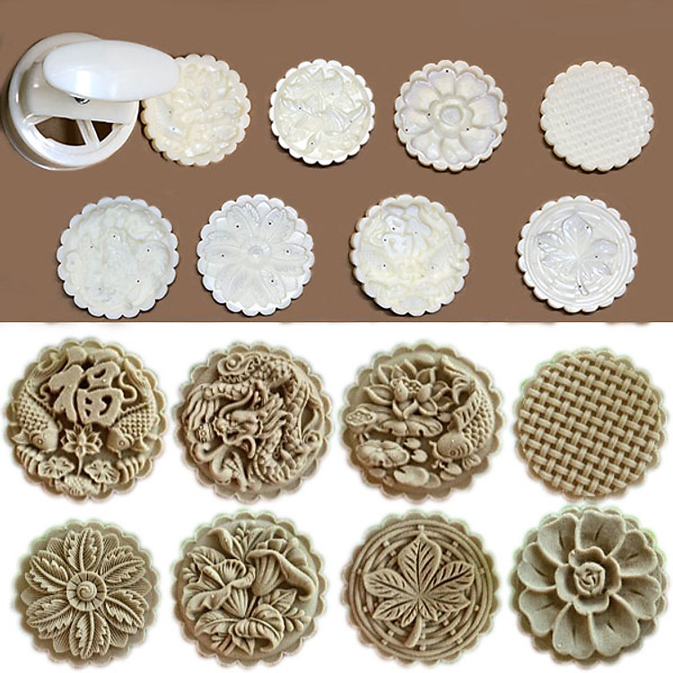 Bộ Khuôn Nén Lò Xo Làm Bánh Trung Thu 8 Mặt 150gr 3D Nổi Đẹp Mắt