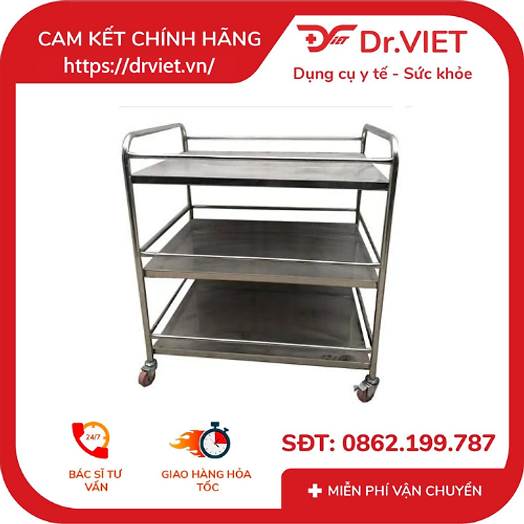 Xe đẩy inox 3 tầng DCG-37 – Giải pháp vận chuyển linh hoạt, bền bỉ cho mọi không gian làm việc