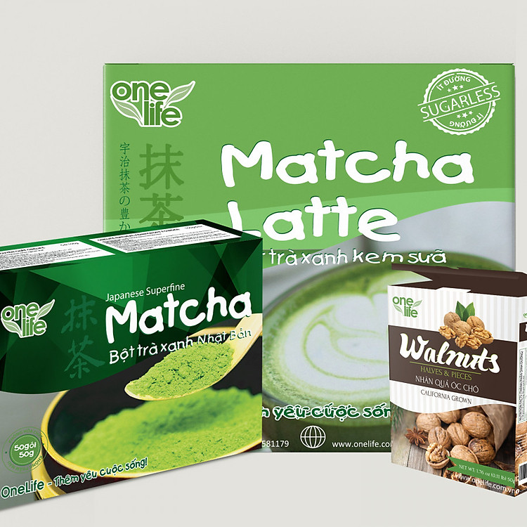 Combo Bộ Quà Tặng Cao Cấp OneLife (Matcha Trà Xanh Nhật Bản, Trà Sữa Matcha Latte & Nhân Óc chó Mỹ)