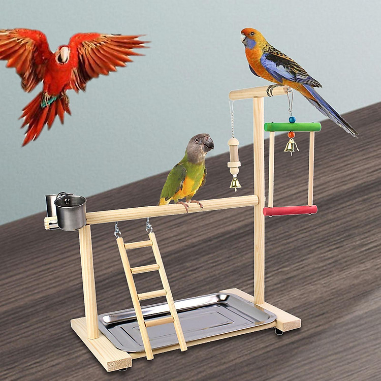Ladder Bird Platform Perch Bird Playground with Feeder Cups Gym Ladder Playpen Bird Gym Playground Exercise